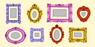 Set of various decorative white frames or borders. Different shapes. Photo or mirror frames. Vintage, retro design. Elegant, modern style. Hand drawn trendy Vector illustration.