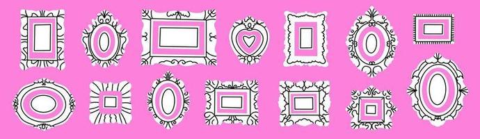 Set of various decorative white frames or borders. Different shapes. Photo or mirror frames. Vintage, retro design. Elegant, modern style. Hand drawn trendy Vector illustration.