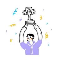 Happy man holding golden trophy and celebrating victory. Concept of business success, competition winner, champion or leader, triumph, prize award. Modern flat vector illustration for poster, banner.