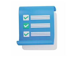 A blue notepad with green check marks and a checklist icon on 3d render vector