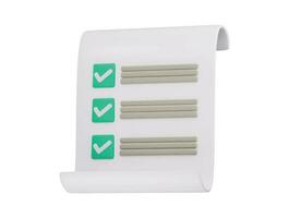 A white paper with green check marks icon on 3d render vector