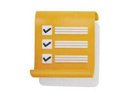 A yellow notepad with check marks on it and a checklist icon on 3d render vector