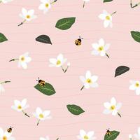 Spring seamless pattern with blooming flowers and ladybug on soft pink background vector