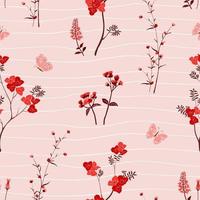 Hand drawn wild flowers with butterfly seamless pattern on red tone,design for fashion,fabric,textile,print or wallpaper vector