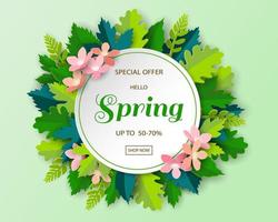 Paper art spring banner on white circle frame with pink flowers and green leaves on pastel background vector