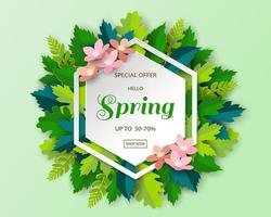 Paper art spring banner on hexagon frame with colorful leaves and beautiful flowers vector