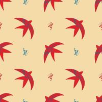 Vector pattern with abstract red swallows in the matisse style on a blue background. Bright colors, surrealism, birds and decorative elements.