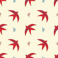 Vector pattern with abstract red swallows in the matisse style on a beige background. Bright colors, surrealism, birds and decorative elements.