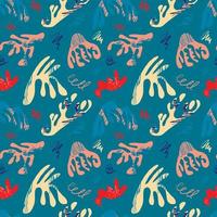 Vector pattern with abstract bright elements, stars, geometric elements in the style of Matisse on a blue background. Abstract geometric patterns for fabrics, fashion design.
