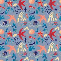 Vector pattern with abstract bright elements, stars and birds in the matisse style on a blue background. Abstract geometric patterns for fabrics, clothing design.