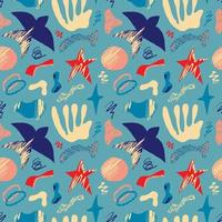 Vector pattern with abstract bright elements, stars and birds in the matisse style on a blue background. Abstract geometric patterns for fabrics, clothing design.