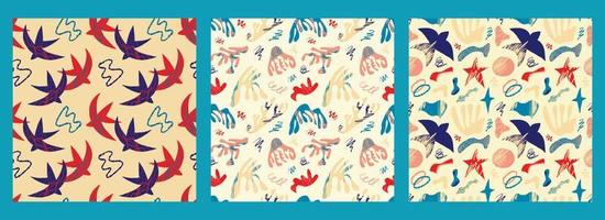 A set of vector patterns with abstract bright elements, stars and birds in the Matisse style on a beige background. Abstract geometric patterns for fabrics, fashion design.