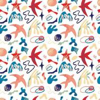 Vector pattern with abstract bright elements, stars and birds in the matisse style on a white background. Abstract geometric patterns for fabrics, clothing design.