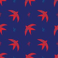 Vector pattern with abstract red swallows in the matisse style on a blue background. Bright colors, surrealism, birds and decorative elements.