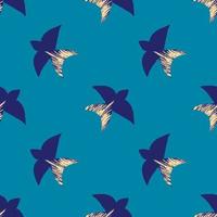 Vector pattern with abstract blue swallows in the matisse style on a blue background. Bright colors, surrealism, birds and decorative elements.