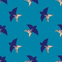 Vector pattern with abstract blue swallows in the matisse style on a blue background. Bright colors, surrealism, birds and decorative elements.