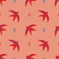 Vector pattern with abstract red swallows in the matisse style on a pink background. Bright colors, surrealism, birds and decorative elements.