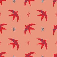 Vector pattern with abstract red swallows in the matisse style on a pink background. Bright colors, surrealism, birds and decorative elements.