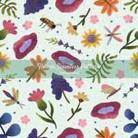 Hand Drawn Colorful Flower With Insects Seamless Pattern vector