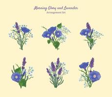 Hand Drawn Morning Glory and Lavender Arrangement Set vector