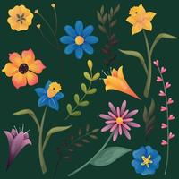 Set of wild flowers and different leaves. Yellow and blue daffodil, pansies, lilies, bluebells, orange poppies, blue and pink chamomiles. Colorful spring flowers for postcard with green leaves vector