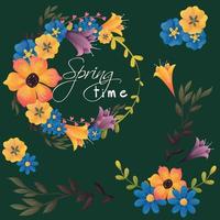 Bright spring wreath with wildflowers. Orange poppies, yellow and blue pansies, purple lilies, blue daisies, green leaves. Set of spring flowers with leaves and a wreath on the head. Spring time vector