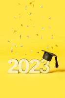 Class of 2023 concept. Wooden number 2023 with graduated cap on colored background photo