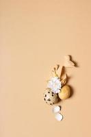 Monochrome flat lay Easter eggs composition decoration with twigs and flowers. Easter still life beige photo