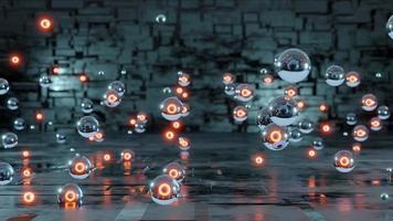 Abstract 3d rendering of many spheres with glowing lights on the floor. photo
