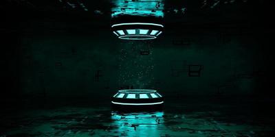 3D rendering futuristic blue neon on dark background. podium in empty room for hitech presentation. abstract background, technology graphic. photo