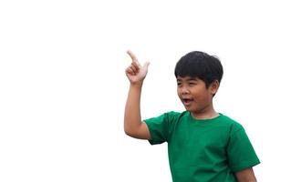 The boy smiled and pointed his hand to his side. on a white background photo