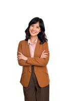 Young asian woman, professional business entrepreneur in brown suit with arms crossed and smile isolated over white background photo