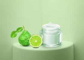 Fresh bergamot with leaves and cream in jar on green background for display or exhibition, 3D rendering photo