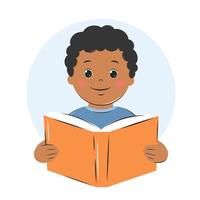 Boy kid with dark skin and hair reading book. Knowledge and education concept. Vector illustration