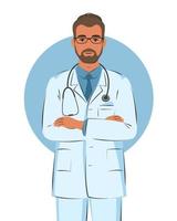 Doctor in white coat. Friendly and caring medical worker. Vector illustration.