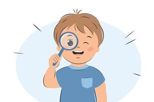 Curious boy look in magnifying glass. Smart child using magnifier for learning, study. Vector Illustration.