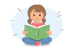 Small child hold open book and read. Knowledge and education concept. Vector illustration