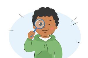 Boy holding magnifying glass. Child using magnifier for learning, study. Vector Illustration.