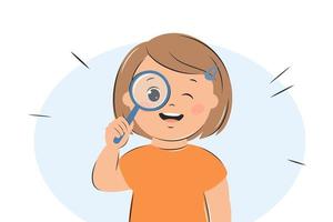 Curious kid girl look in magnifying glass. Smart child using magnifier for learning, study. Vector Illustration.