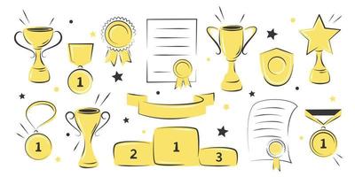 Trophy cups, awards, medals, podium winners and diploma set. Hand drawn award icons. Vector illustrations isolated on white background.