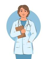 Doctor woman in white coat. Friendly and caring medical worker. Vector illustration.