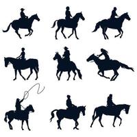 conjunto de vaquero, caballo jinete silueta ilustración vector