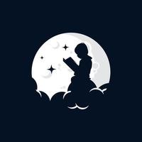 Vector little boy reading book on moon logo template design