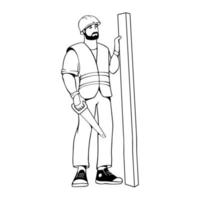 Builder holds a plank. Outline carpenter repairman. Business concept. Vector. vector