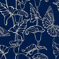 mariposas y flores sin costura modelo. siluetas de insectos, plantas. vector. vector