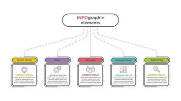 Timeline with 5 steps, options and marketing icons .Vector linear infographic with four circle conected elements. For content, diagram, flowchart, steps, parts, timeline infographics, workflow, chart. vector