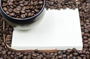 A book open the empty page with frame coffee beans background. photo