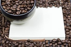 A book open the empty page with frame coffee beans background. photo