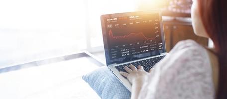 Woman using laptop with planning and strategy, Stock market, Business growth down, Concept of financial crisis, echnical price graph and indicator, red candlestick chart with analyzing forex trading. photo