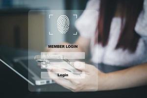 cyber security password login online concept Hands typing and entering username and password of social media, log in with smartphone to an online bank account, data protection from hacker photo